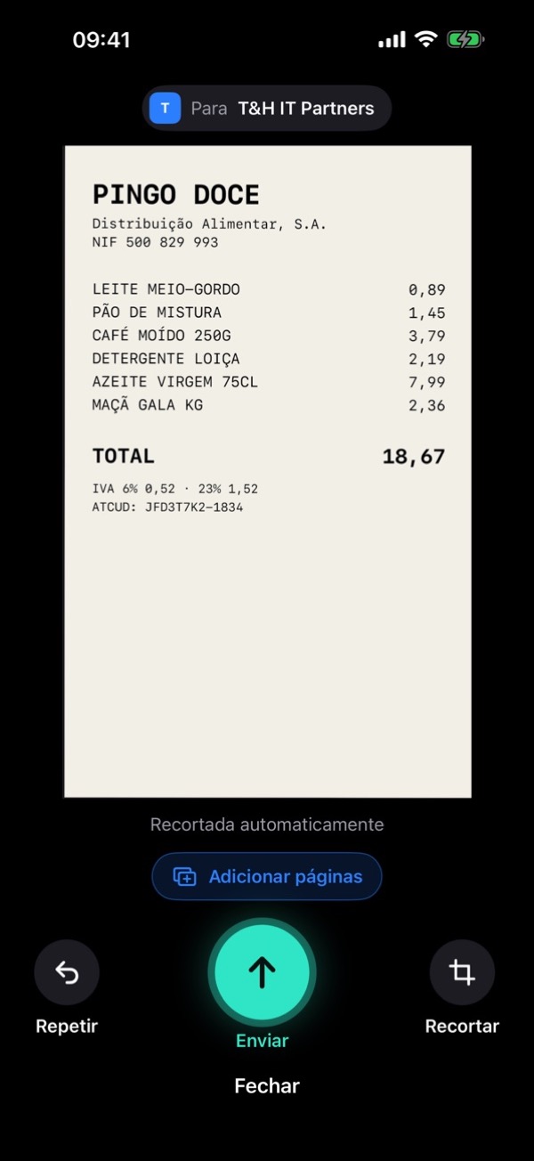 Contabify no iPhone: fatura do Pingo Doce detetada e recortada automaticamente pela câmara
