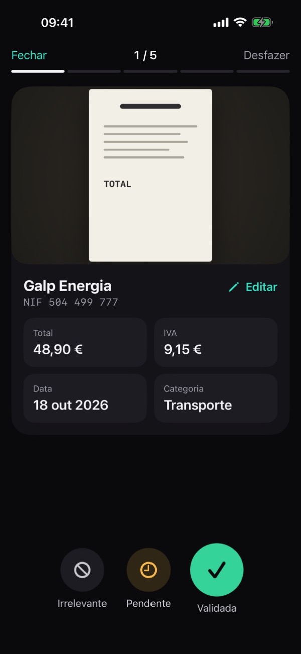 Ecrã Rever: validar a fatura da Galp Energia