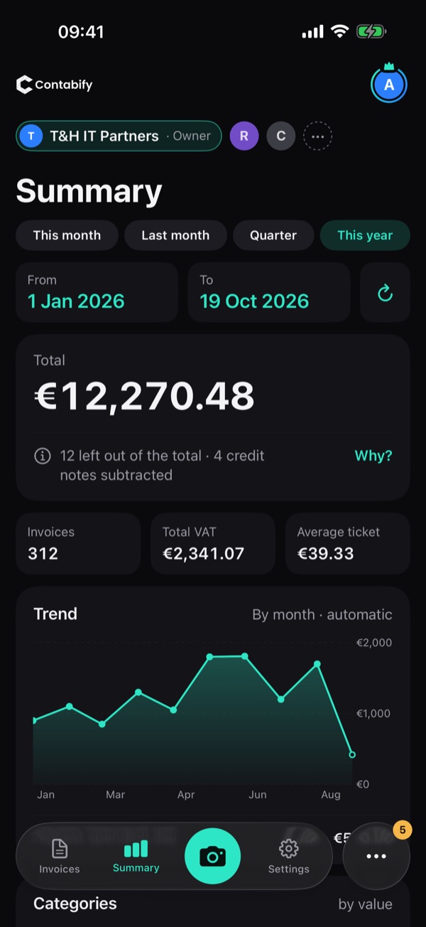 Contabify Summary screen on iPhone with the year's total and monthly evolution