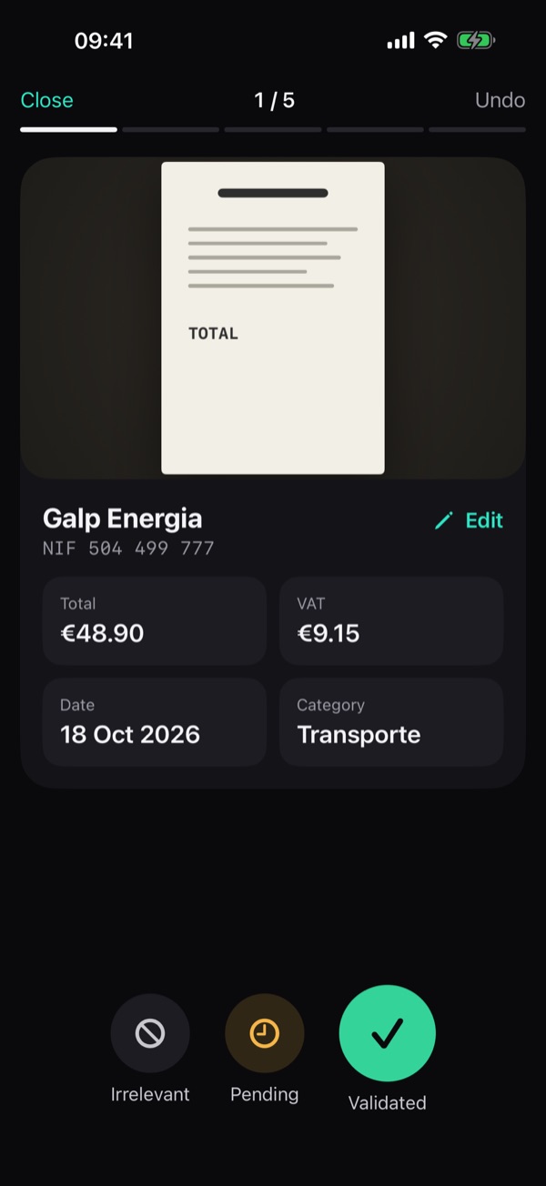 Review screen: approving a Galp Energia receipt