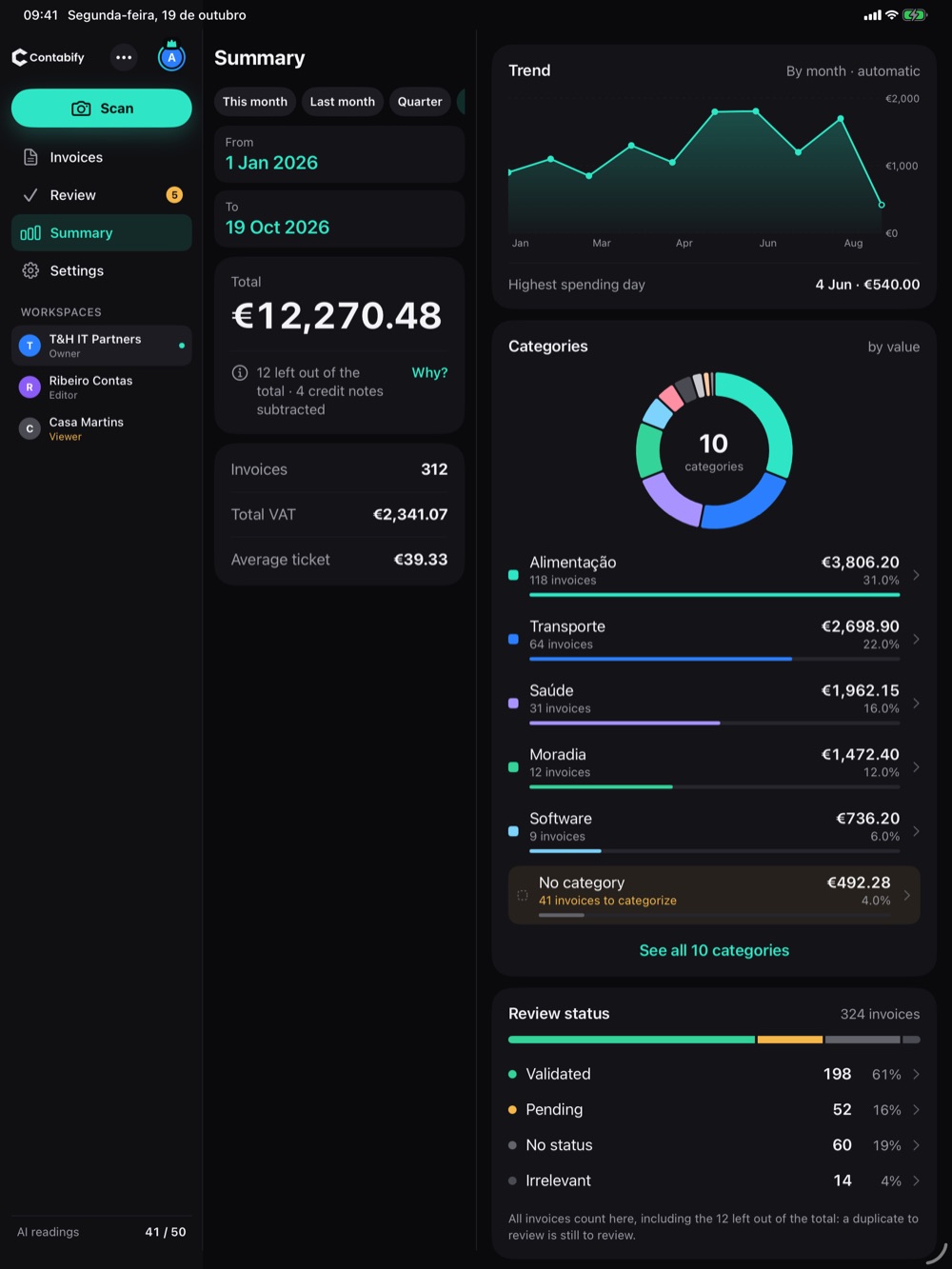 Contabify on iPad: the year's summary with monthly evolution and categories